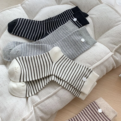 Calze Al Polpaccio A Righe Donna Cotone Pettinato Traspirante Bottone Decorativo Stile Retro Casual