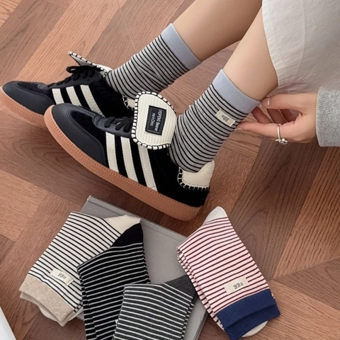 Women Striped Crew Socks Combed Cotton Breathable Casual Japanese Style Mid Calf With Fabric Label Patch