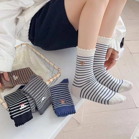 Women Striped Mid Calf Socks Combed Cotton Bear Embroidery Ruffled Cuff Breathable Kawaii Cute Casual