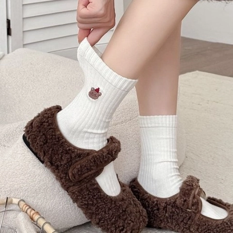 Damen Crew Socken Wollmischung Dick Warm Winter Gerippt Bärenstickerei Handgeknüpfte Zehen Lässig Weich