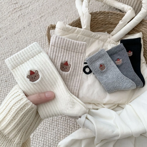 Damen Crew Socken Wollmischung Dick Warm Winter Gerippt Bärenstickerei Handgeknüpfte Zehen Lässig Weich
