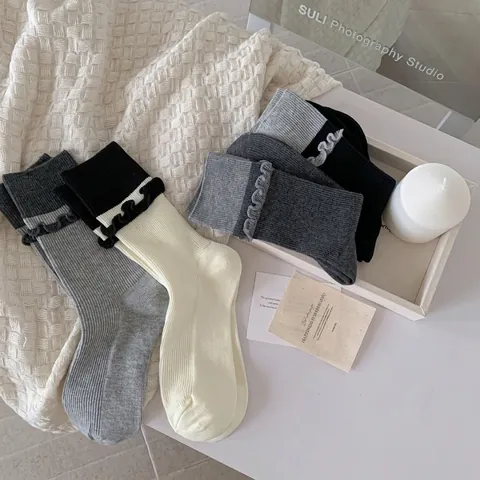 Calze Crew Da Donna Cotone Pettinato Maglia A Costine Bordo Con Volant Color Block Morbido Traspirante Casual Dolce