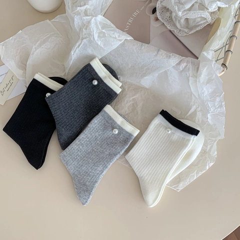 Calze Metà Polpaccio Donna Cotone Pettinato Maglia Coste Decorazione Künstliche Perle Finitura Contrasto Eleganti