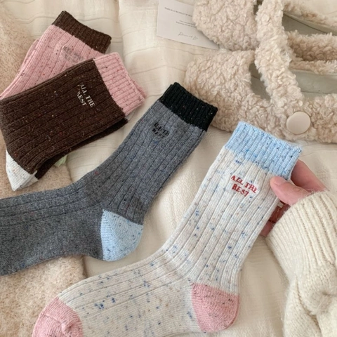 Calcetines De Tripulación De Mezcla De Lana Gruesos Mujer Cálidos Invierno Bloque De Color Bordado Moda