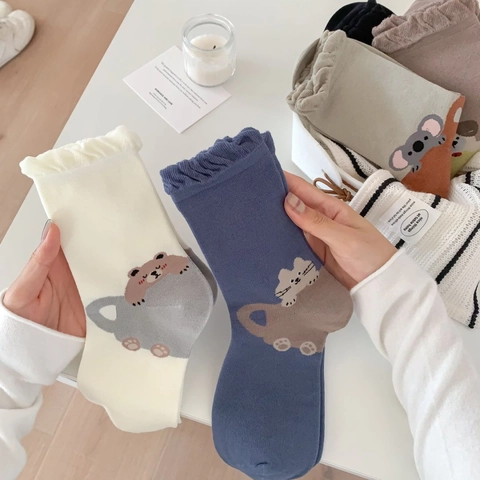 Women Slouch Crew Socks Combed Cotton Lettuce Edge Ruffle Cuff Cartoon Animal Embroidery Sweet Japanese Style Soft
