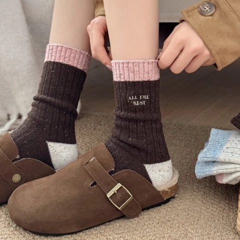 Calcetines De Tripulación De Mezcla De Lana Gruesos Mujer Cálidos Invierno Bloque De Color Bordado Moda