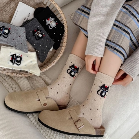 Calcetines De Media Caña Para Mujer Algodón Peinado Bordado Gato Dibujos Animados Lunares Casual