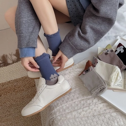 Women Slouch Crew Socks Combed Cotton Lettuce Edge Ruffle Cuff Cartoon Animal Embroidery Sweet Japanese Style Soft