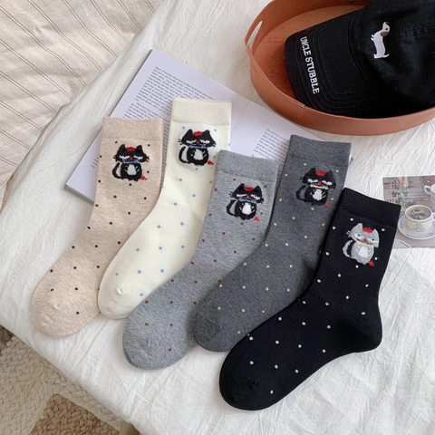 Calcetines De Media Caña Para Mujer Algodón Peinado Bordado Gato Dibujos Animados Lunares Casual