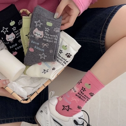 Dames Crew Sokken Gekamd Katoen Cartoon Kat Ster Print Zacht Ademend Casual Halfhoge Kousen Meisjes