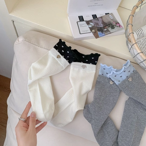 Calze Al Polpaccio Donna Cotone Pettinato Motivo Cuore Bordo Arricciato Ciondolo Metallo Maglia A Costine Dolce