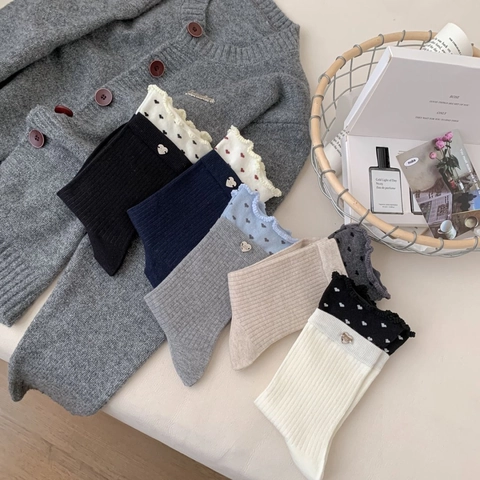 Calze Al Polpaccio Donna Cotone Pettinato Motivo Cuore Bordo Arricciato Ciondolo Metallo Maglia A Costine Dolce