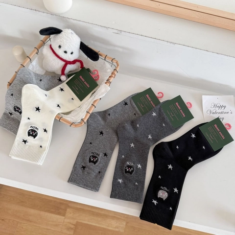 Damen Crew Socken Gekämmte Baumwolle Atmungsaktiv Sternmuster Cartoon Katze Stickerei Meow Lässig Süß Weich