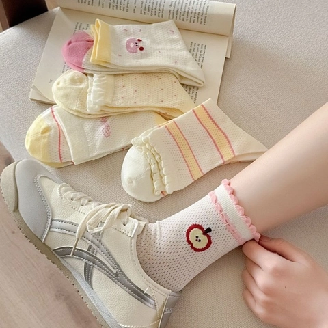Calze Metà Polpaccio Da Donna Rete Cotone Traspirante Dolce Stile Giapponese Bordo A Balze Ricamo Frutta Pois