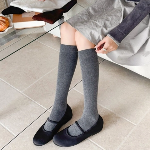 Women Combed Cotton Calf Socks Solid Color Japanese Ins Style Minimalist Ribbed Knee High Breathable Casual Hosiery