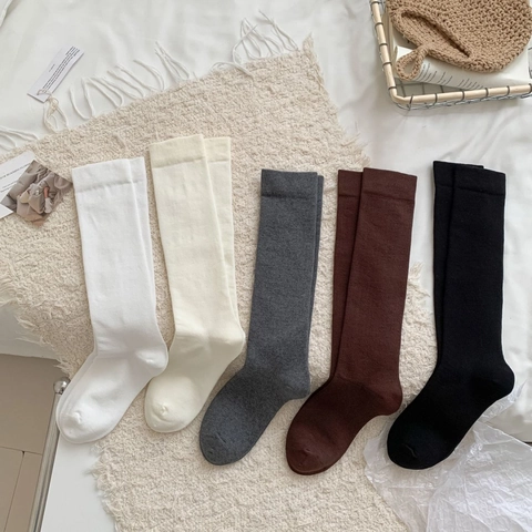 Women Combed Cotton Calf Socks Solid Color Japanese Ins Style Minimalist Ribbed Knee High Breathable Casual Hosiery