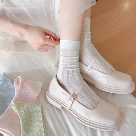 Chaussettes Mi-mollet Modal Mesh Femme Slouchy Fin Respirant Macaron Candy Color Côtelé Motif Losanges Casual