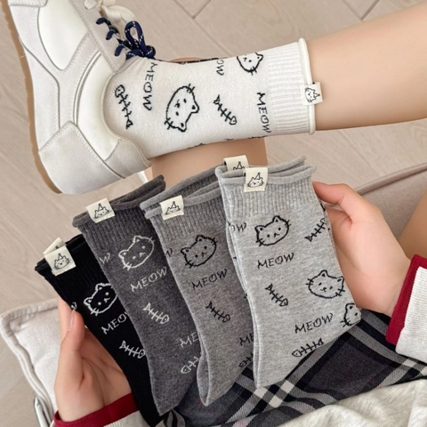 Calze Crew Da Donna Simpatico Motivo Gatto Cartone Animato Cotone Pettinato Tubo Medio Stile Giapponese Casual Stampa Meow