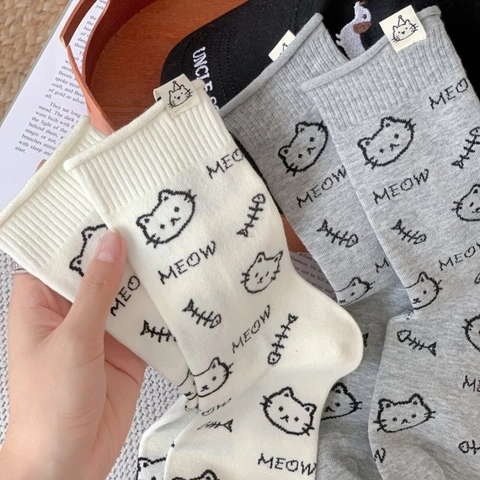 Calze Crew Da Donna Simpatico Motivo Gatto Cartone Animato Cotone Pettinato Tubo Medio Stile Giapponese Casual Stampa Meow