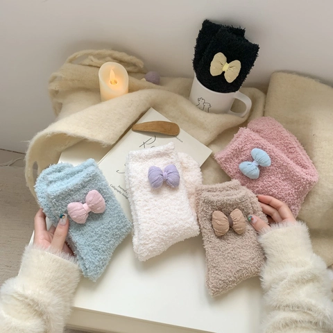 Calze In Pile Corallo Da Donna Spesse Calde Peluche Fiocco Casa Sonno Inverno Calzini Carini Morbidi Metà Polpaccio