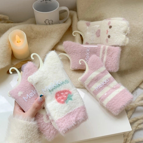 Women Winter Warm Fuzzy Socks Strawberry Rabbit Pattern Mink Velvet Plush Mid-Calf Home Floor Sleeping Hosiery Sweet