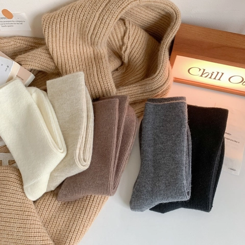 Ribbed Knit Mid Calf Crew Socks Wool Acrylic Blend Warm Solid Color Autumn Winter Casual Fashion For Women