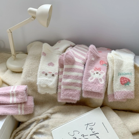 Women Winter Warm Fuzzy Socks Strawberry Rabbit Pattern Mink Velvet Plush Mid-Calf Home Floor Sleeping Hosiery Sweet