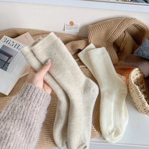 Ribbed Knit Mid Calf Crew Socks Wool Acrylic Blend Warm Solid Color Autumn Winter Casual Fashion For Women