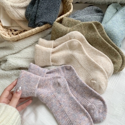 Damen Wollmischung Crew Socken Dick Warm Gerippt Retro Winter Weich Einfarbig