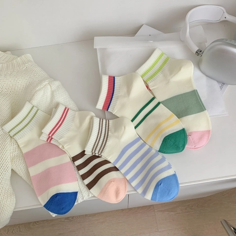 Calze Alla Caviglia Da Donna Cotone Pettinato Righe Traspirante Taglio Basso Stile Preppy Casual Color Block