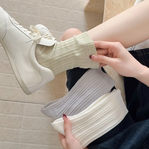 Women Combed Cotton Ribbed Crew Socks Breathable Mesh Thin Mid Tube Casual Solid Color Spring Summer