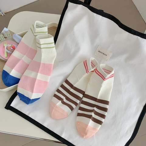 Calze Alla Caviglia Da Donna Cotone Pettinato Righe Traspirante Taglio Basso Stile Preppy Casual Color Block
