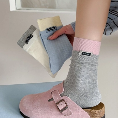 Chaussettes Mi-mollet Pour Femmes Coton Peigné Tricot Côte Respirant Color Block Style Coréen