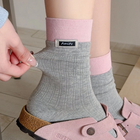 Chaussettes Mi-mollet Pour Femmes Coton Peigné Tricot Côte Respirant Color Block Style Coréen