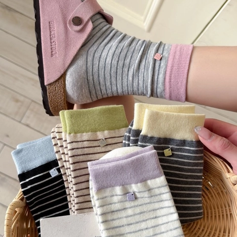 Calze A Righe Da Donna In Cotone Pettinato Traspirante Color Block Senza Cuciture Stile Coreano Casual Metà Polpaccio