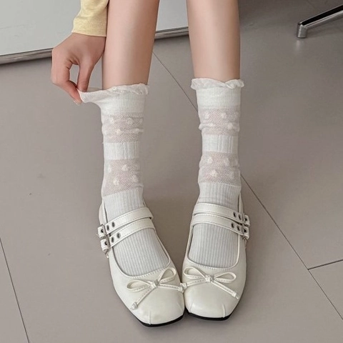 Dames Katoenen Socken Ademend Mesh Ruches Rand Vintage Japanse Stijl Effen Kleur Halverwege De Buis Zachte Kousen