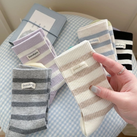 Chaussettes Mi-Mollet Femmes Coton Peigné Rayé Color Block Respirant Sans Couture Style Coréen Décontracté Couleurs Macaron