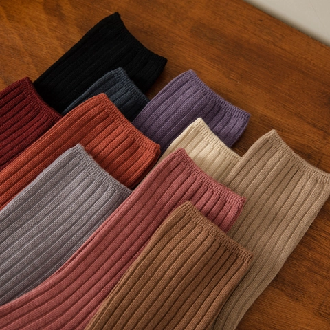 Dames Katoenen Sokken Geribde Gebreide Kuitlengte Verticale Strepen Retro Japanse Stijl Herfst Winter Zacht Ademend