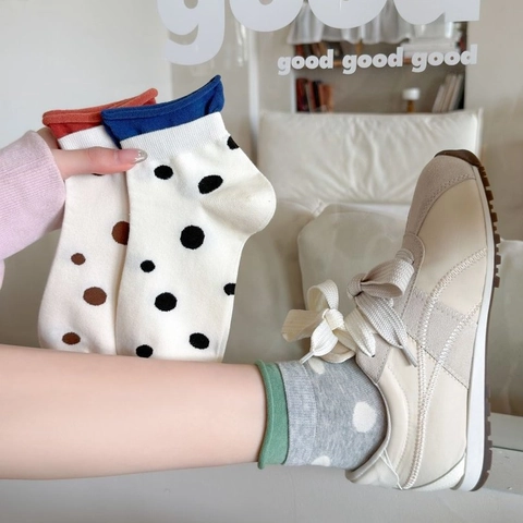 Women Crew Socks Combed Cotton Polka Dot Contrast Color Roll Edge Breathable Japanese Style Vintage College Style