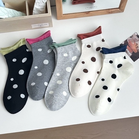 Women Crew Socks Combed Cotton Polka Dot Contrast Color Roll Edge Breathable Japanese Style Vintage College Style