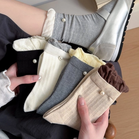 Calze Slouch Da Donna In Cotone Pettinato Decorazione Di Künstliche Perle Bordo A Volant Maglia A Coste Elegante Stile Coreano Traspirante