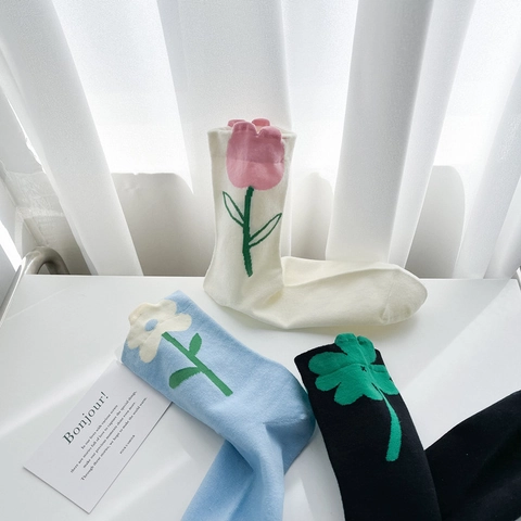 Chaussettes Mi-Mollet Femmes Coton Peigné Motif Floral Doux Style Japonais Respirant Confortable