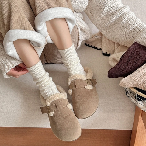 Calcetines De Lana Para Mujer Gruesos Cálidos Punto De Trenza Acanalados Media Pantorrilla Estilo Japonés Invierno Informal Vintage Color Sólido