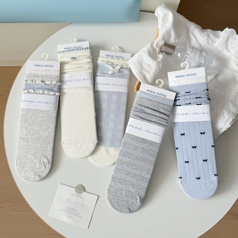 Damen Crew Socken Gekämmte Baumwolle Spitzenrand Schleife Atmungsaktiv Japanischer Stil Süß Minimalistisch Blau Weiß