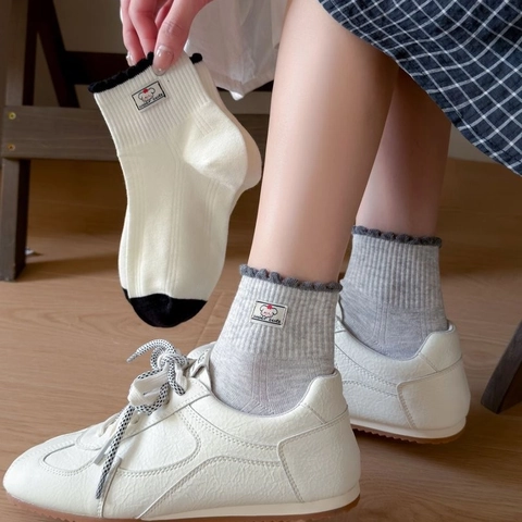 Calcetines Media Pantorrilla De Algodón Peinado Para Mujer Borde Con Volantes Color Contraste Estilo Preppy Parche Dibujos Animados