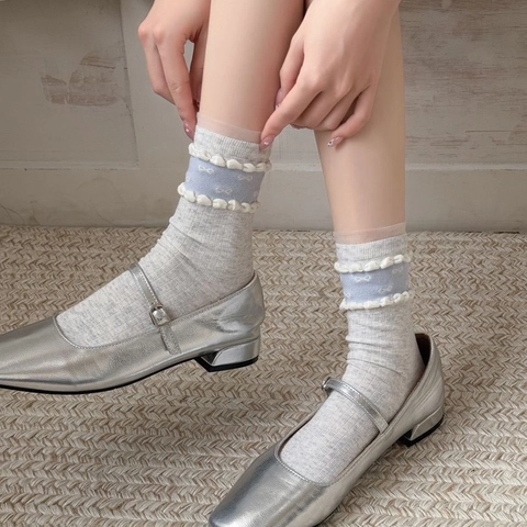 Damen Crew Socken Gekämmte Baumwolle Spitzenrand Schleife Atmungsaktiv Japanischer Stil Süß Minimalistisch Blau Weiß