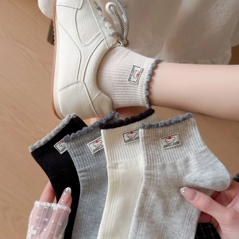 Calcetines Media Pantorrilla De Algodón Peinado Para Mujer Borde Con Volantes Color Contraste Estilo Preppy Parche Dibujos Animados