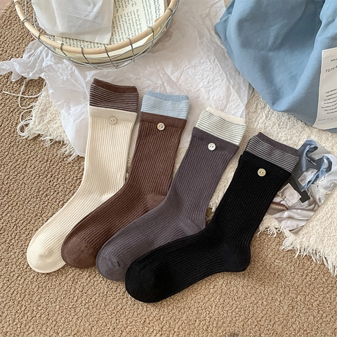 Calze In Cotone Vintage Da Donna Stile Giapponese Polsini A Righe Con Decorazione A Bottone Maglia Retro Traspirante Casual