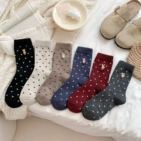 Women Vintage Polka Dot Knit Crew Socks Wool Blend Warm Thick Winter Cute Animal Embroidery Deer Alpaca Soft Slouchy