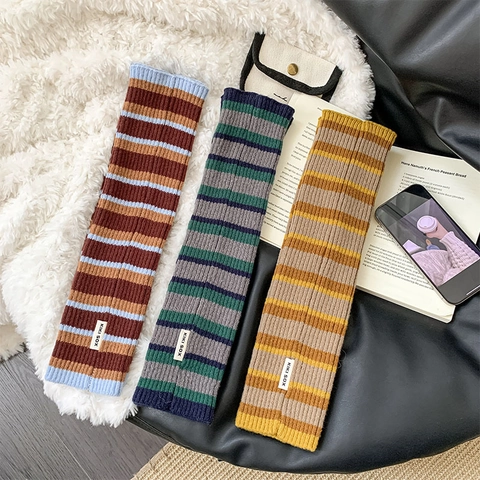 Calentadores De Punto De Poliéster Y Nailon A Rayas Vintage Para Mujer Cálidos Retro Color Contrastado Calcetines Estilo Coreano